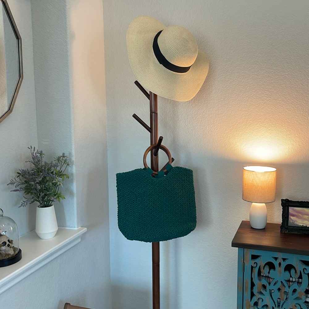 Beautiful Teal Woven Wooden Handle Handbag
